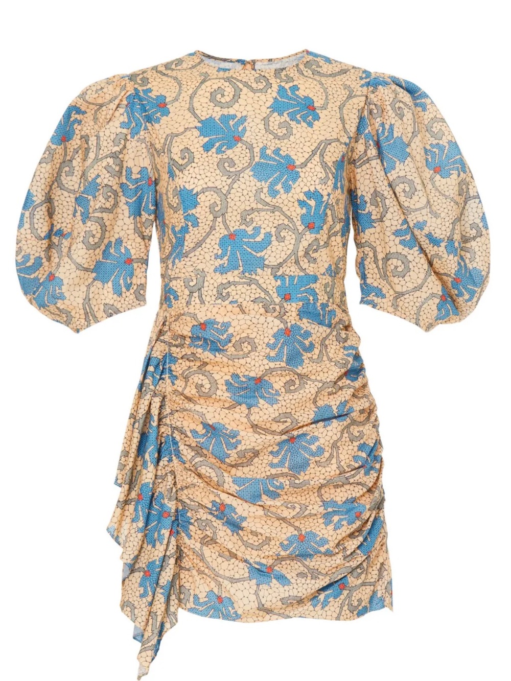 RHODE Pia Mini Dress Beige Mosaic Bloom Size 2 Cotton Puff Sleeve Ruched - Picture 2 of 10